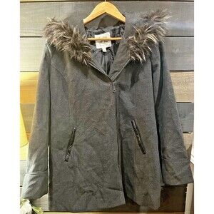 Maralyn & Me Women's Jacket Hooded Fur Trim Trench Coat Gray Size XL
